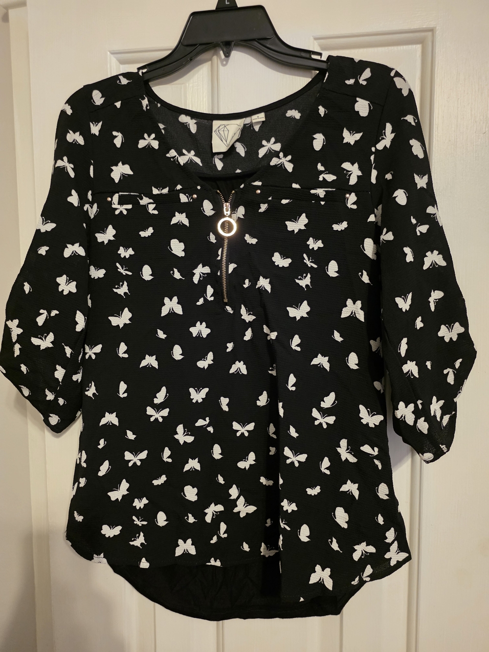 Tempted Black and White Butterfly Zip-Front Blouse